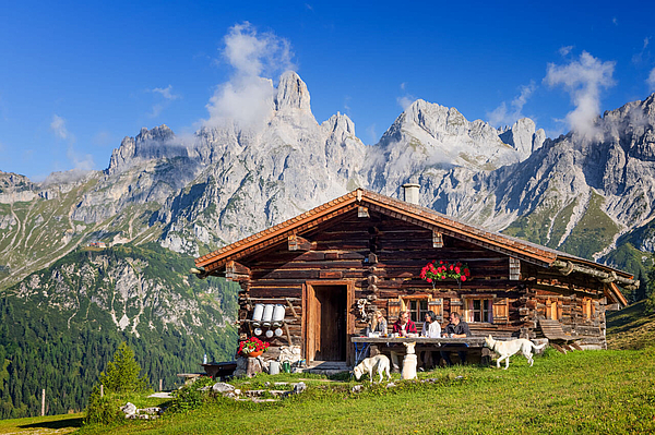 Almhütte mit Gruppe und Hunden.