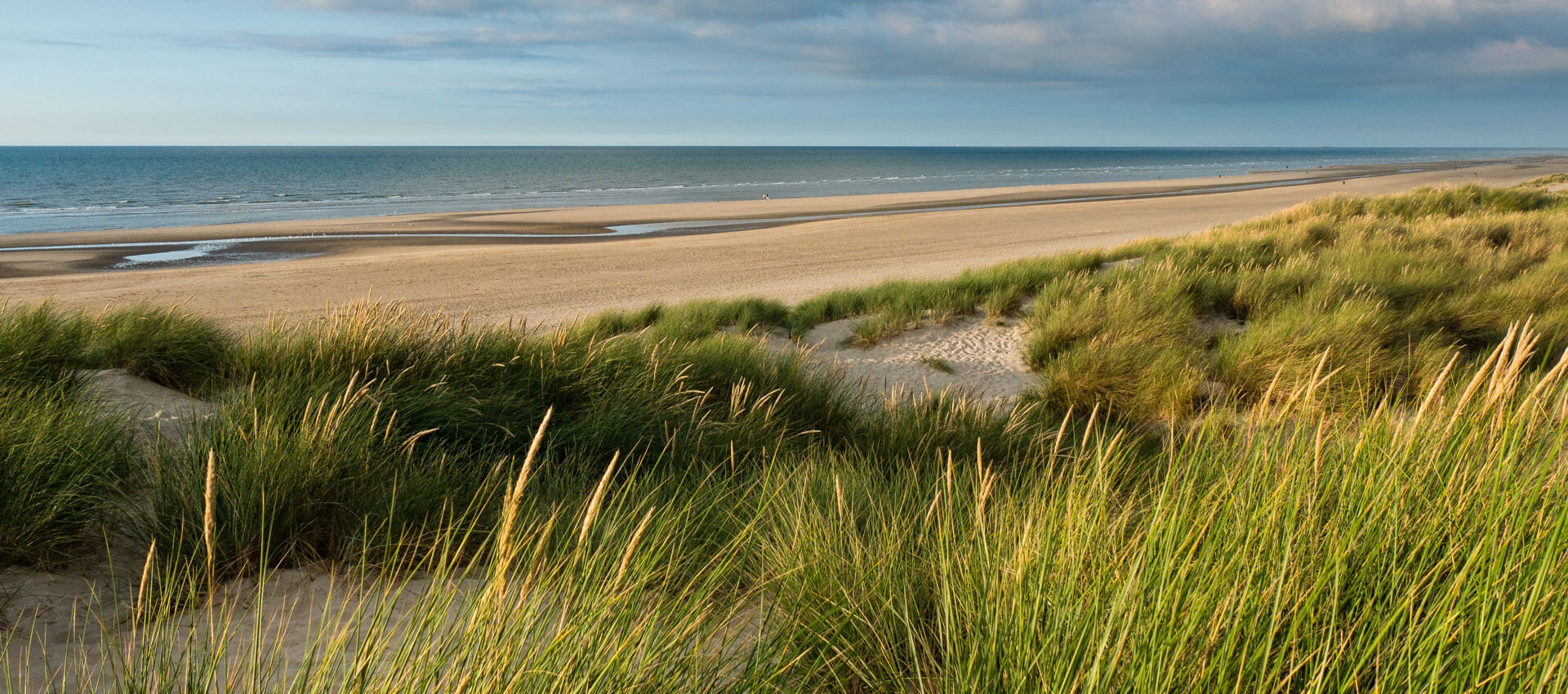 Weite Dünen und leerer Sandstrand an der belgischen Nordseeküste, sanfte Wellen und tiefe Wolken