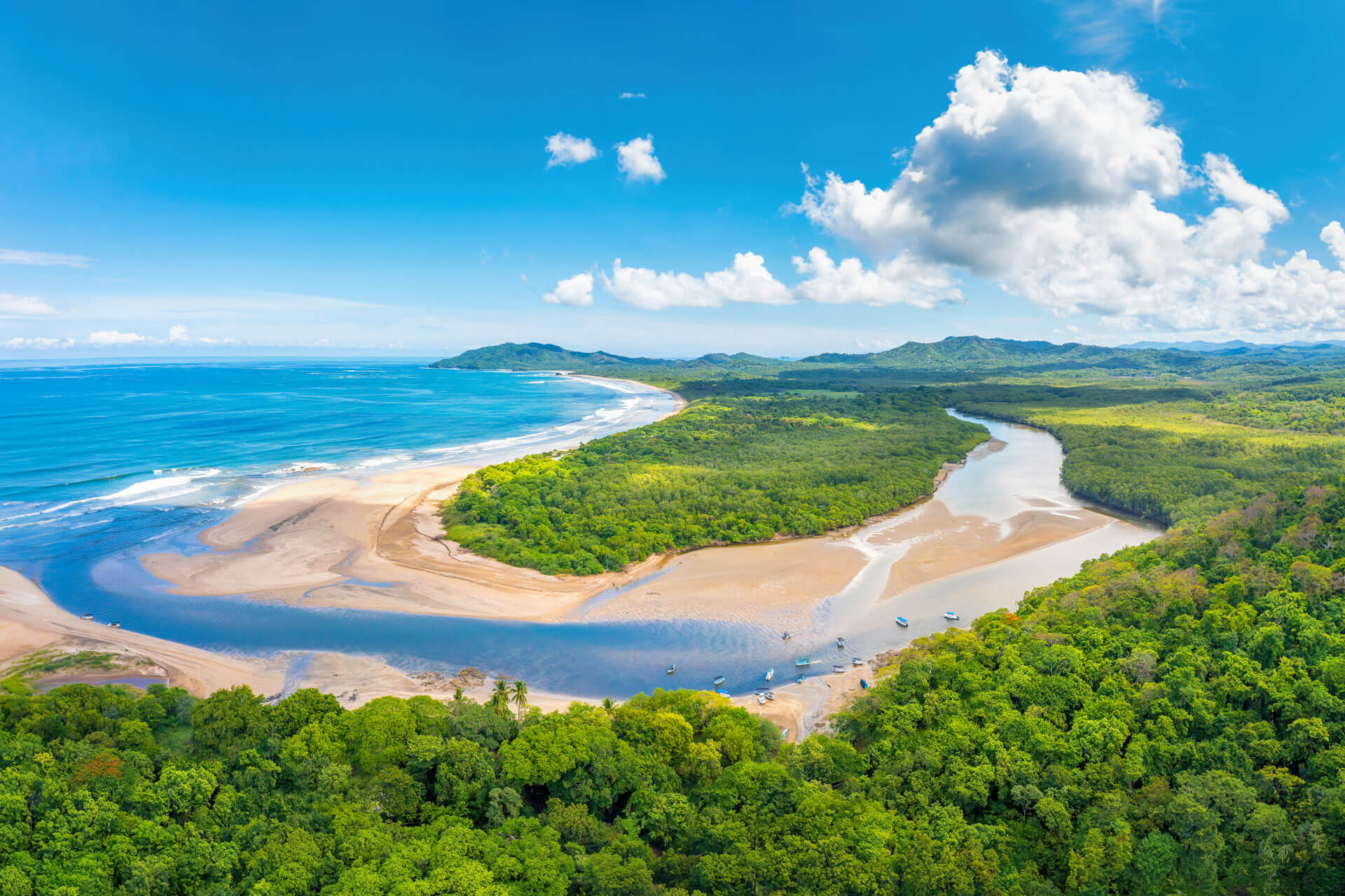 Küstenpanorama mit Flussmündung und Regenwald Sprachreise mit Konversation am Strand