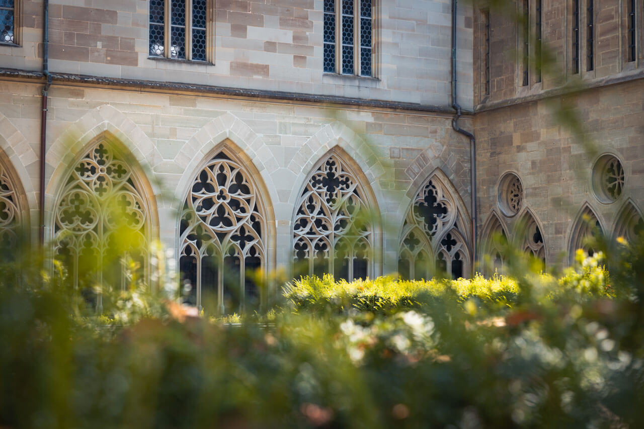 Gotischer Kreuzgang mit filigranen Spitzbogenfenstern und Garten im Vordergrund