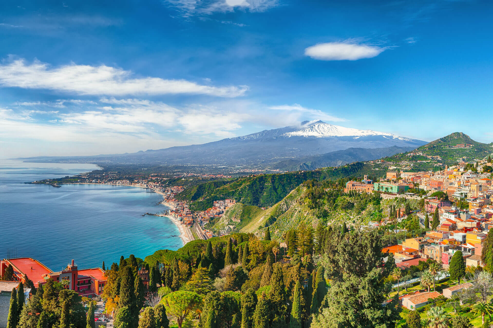 Panorama von Taormina mit Blick auf Stadt, Küste und Ätna Sprachreise erleben und Grammatik üben