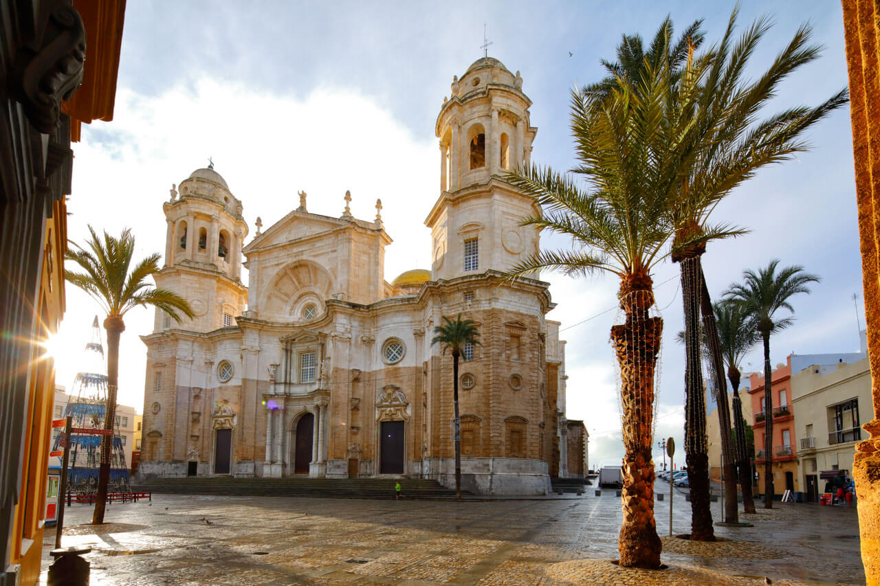 Kathedrale von Cádiz mit Palmen auf dem Platz in der Altstadt, barocke Fassade im warmen Gegenlicht.