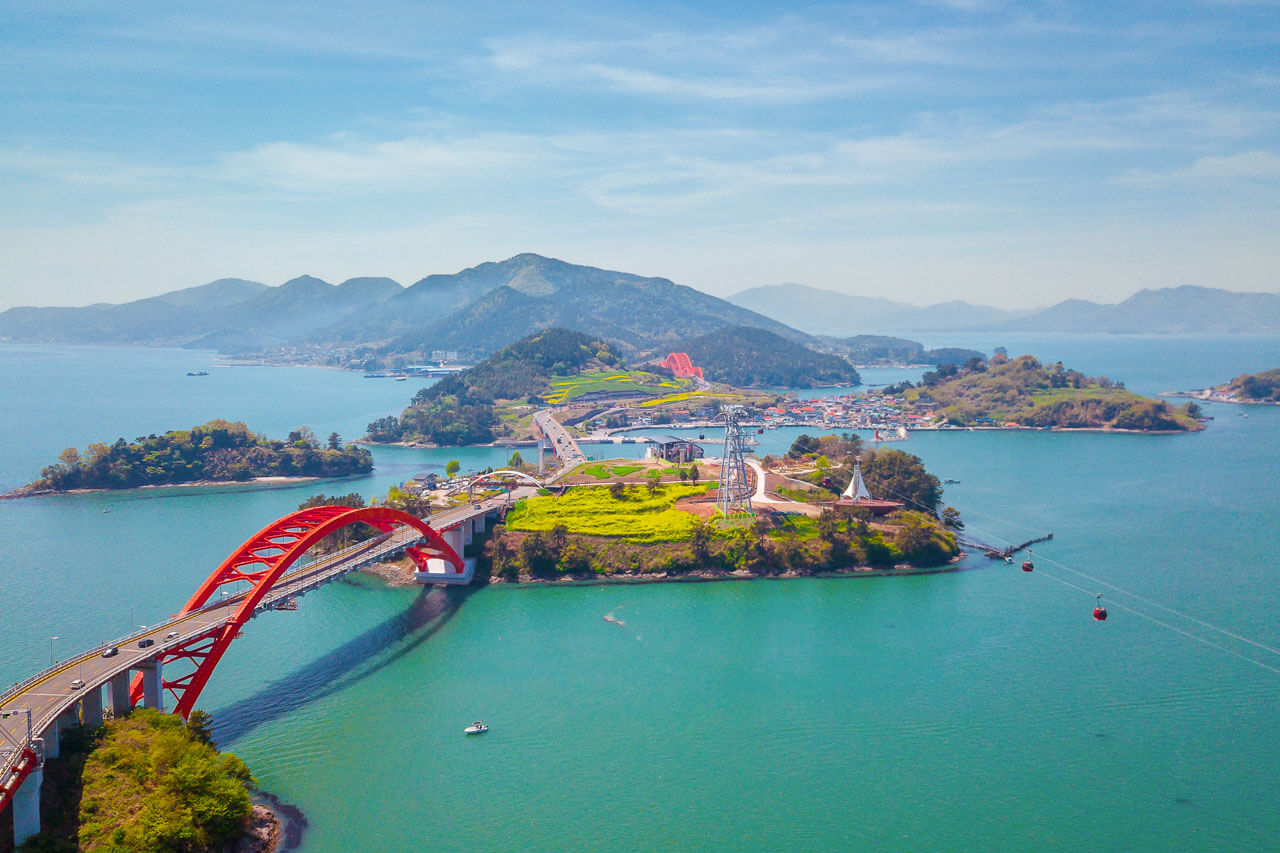 Luftbild mit Inselbrücken und Meer Präpositionen und Wegbeschreibungen trainieren im Sprachkurs