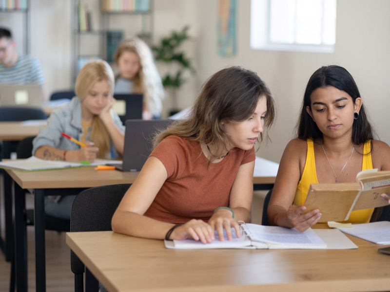 Studentinnen lernen konzentriert gemeinsam im Sprachkurs für Prüfungen.
