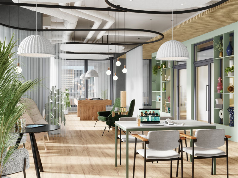 Moderner Gemeinschaftsraum mit Arbeitsplätzen und gemütlicher Lounge für Sprachreisende